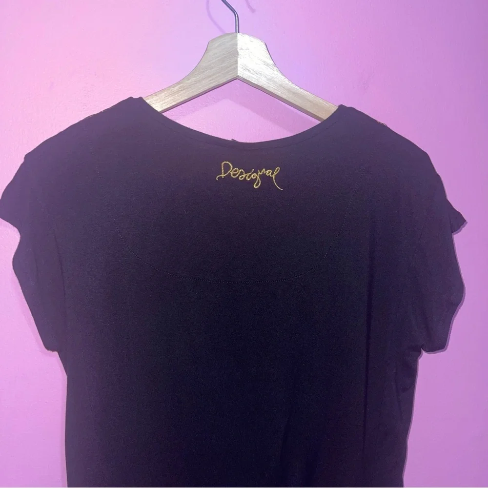 Desigual Blouse Black Short Sleeve Women’s Small Mandala Print Rhinestones - Picture 7 of 8